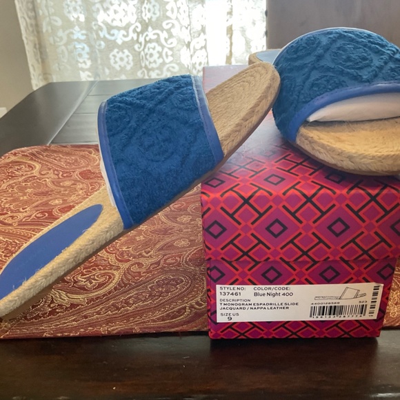 Tory Burch T Monogram Espadrille slides in blue night,  MSRP$248 - Picture 2 of 4